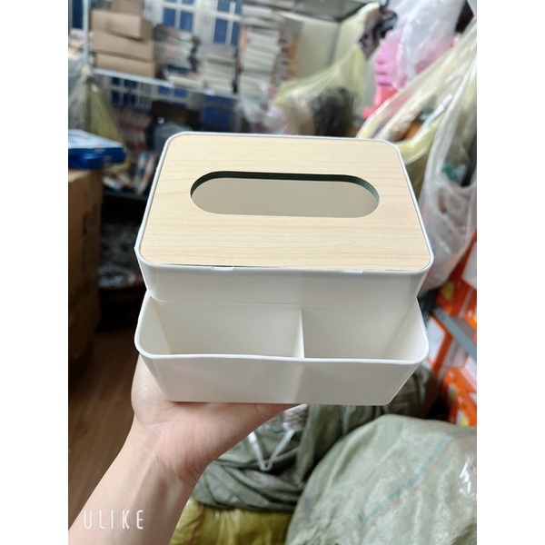 Hộp Đựng Giấy Ăn 3 Ngăn Nắp Vân Gỗ - Để Điều Khiển Tivi Sang Trọng Tiện Lợi