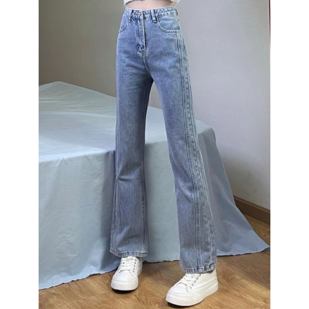 Quần Denim Lưng Cao Ống Rộng Thời Trang Dành Cho Nữ Quần  Ống Loe Gân Màu Xanh Nhạt Thời Trang Cạp Cao Phong Cách