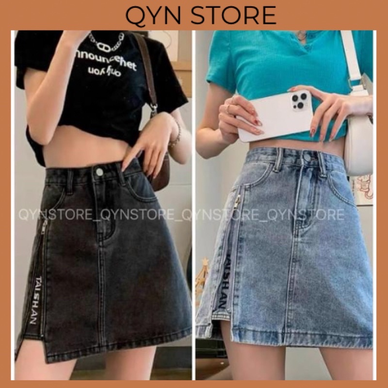 Chân Váy Jeans Co Dan Chữ A Ngắn Nữ Cạp Cao Khoá Kiểu Ở Đùi