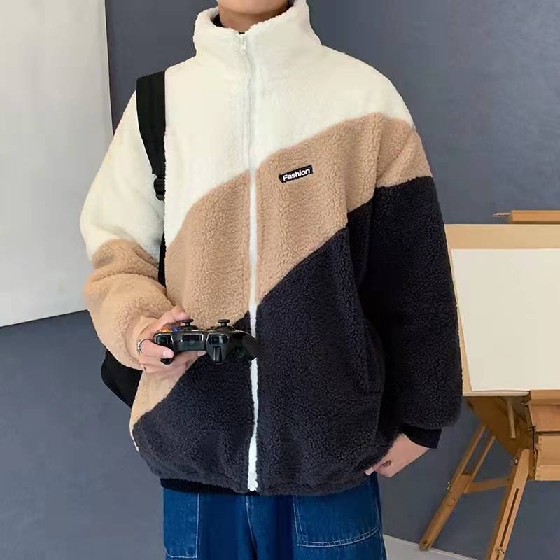 Áo khoác cotton len lông cừu dáng rộng cổ cao phối ba màu thời trang cho nam và nữ