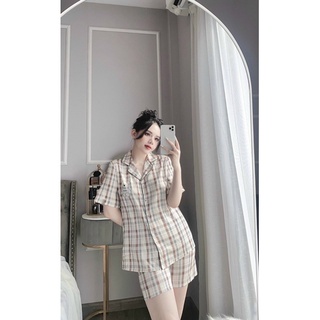 Pyjama cộc đùi lụa xước gấu caro xinh
