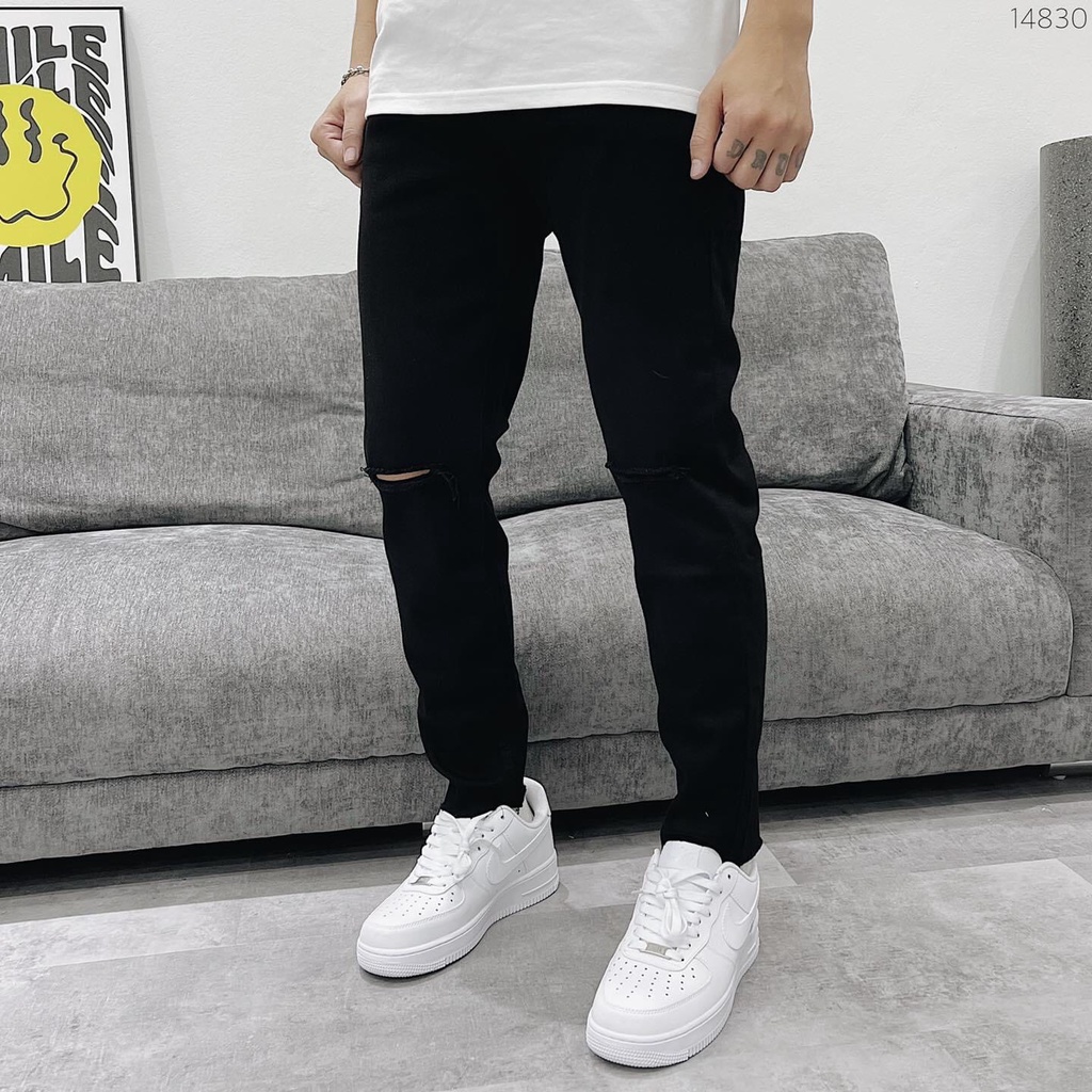 Quần jean nam rách gối màu đen chất bò cao cấp co dãn 4 chiều cực đẹp jean trơn from dáng skinny đẹp