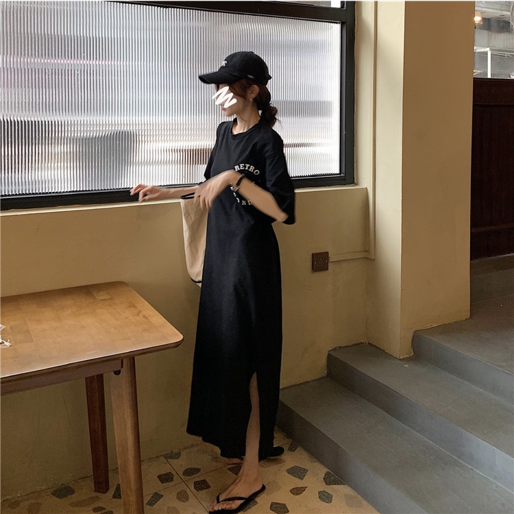 IELGY   Đầm Tay Ngắn Cổ Tròn Eo Cao Xẻ Tà Phong Cách Hàn Quốc Thời Trang Cho Nữ