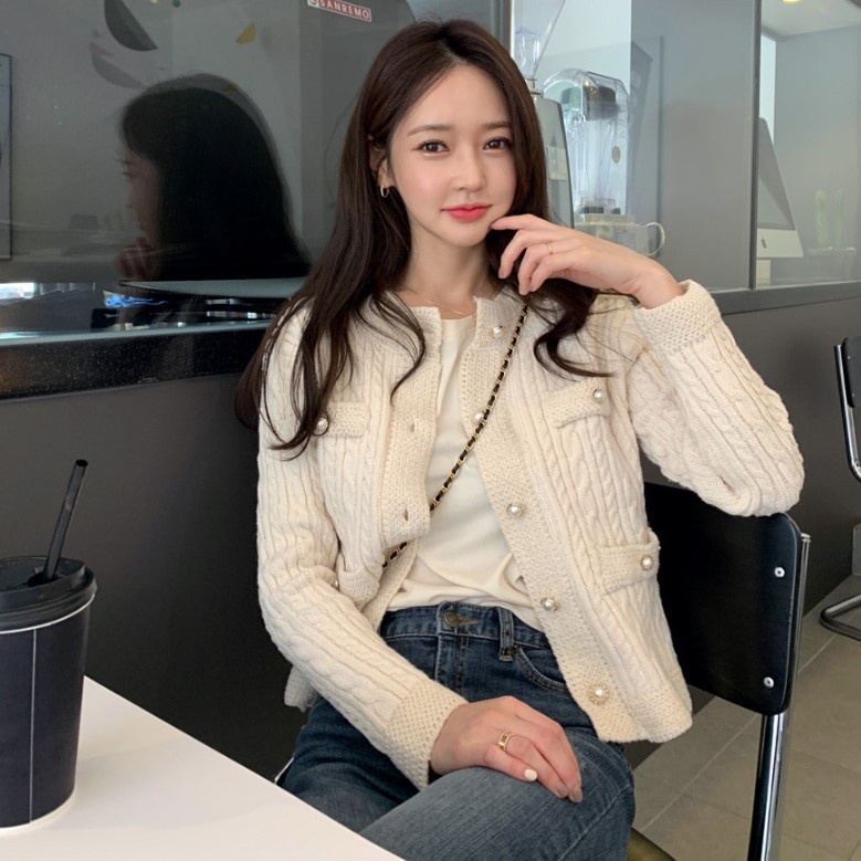 ☁☎▽Áo khoác cardigan dệt kim đính ngọc trai giả phong cách retro
