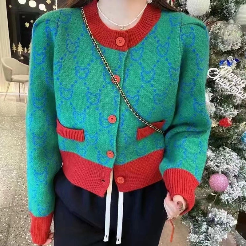 Khoác Cardigan Dệt Kim Dày In Hình Gấu Hoạt Hình Màu Tương Phản Phong Cách Hàn Quốc Thời Trang Cho Nữ