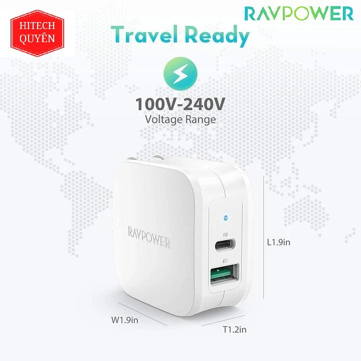 Củ Sạc RAVPower 2 Cổng 18w Usb C + PD RP-PC113/RP-PC108