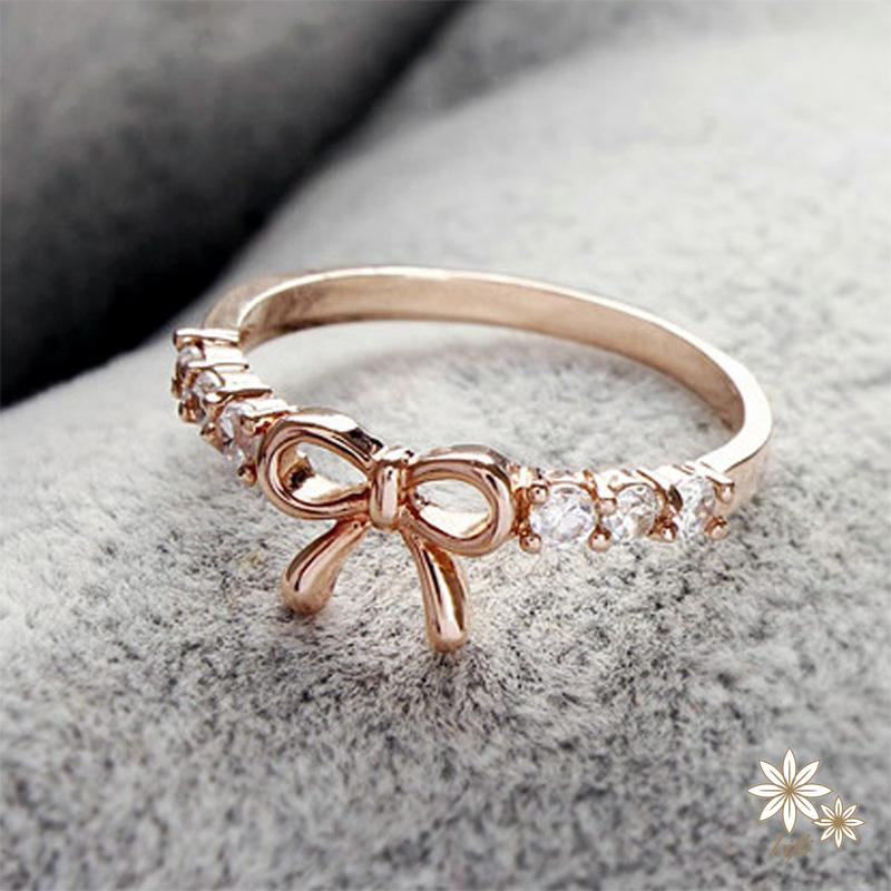 【kifli】 Nhẫn nơ hợp kim đính đá thanh lịch và nữ tính