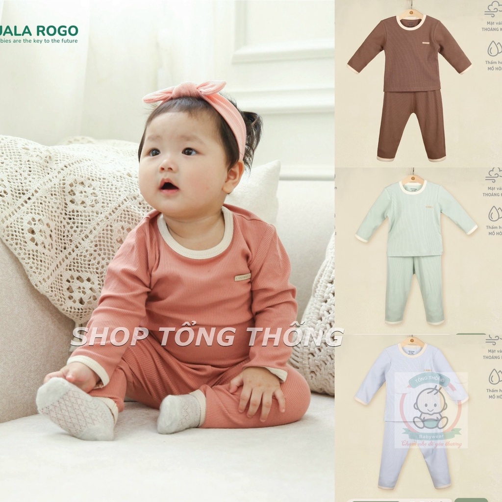 Bộ Uala Rogo dài tay vải cotton tăm cao cấp mềm mịn thoáng mát thấm hút tốt trơn phối viền màu cho bé trai bé gái 3961