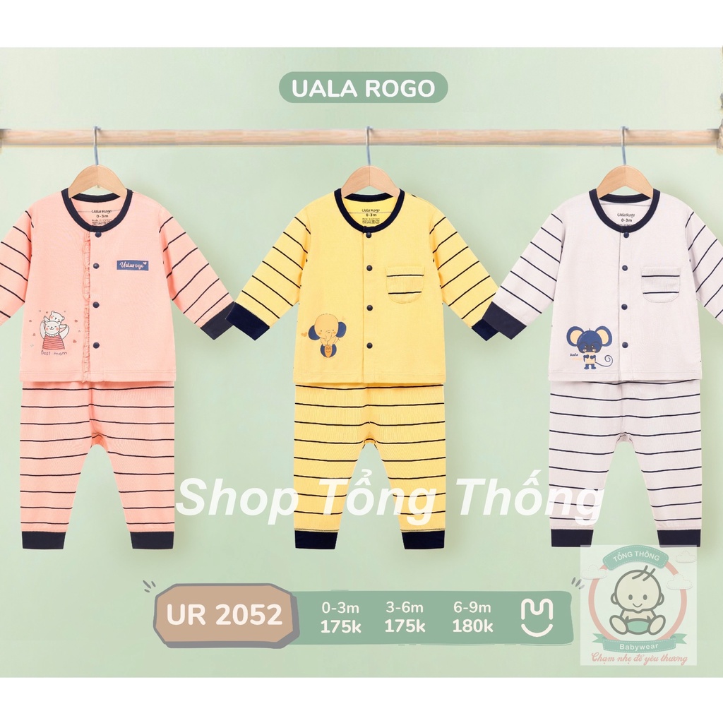 Bộ Uala Rogo chất vải Bamboo cao cấp mềm mịn dài tay cài giữa sơ sinh kẻ sọc con chuột cho bé trai bé gái 2052