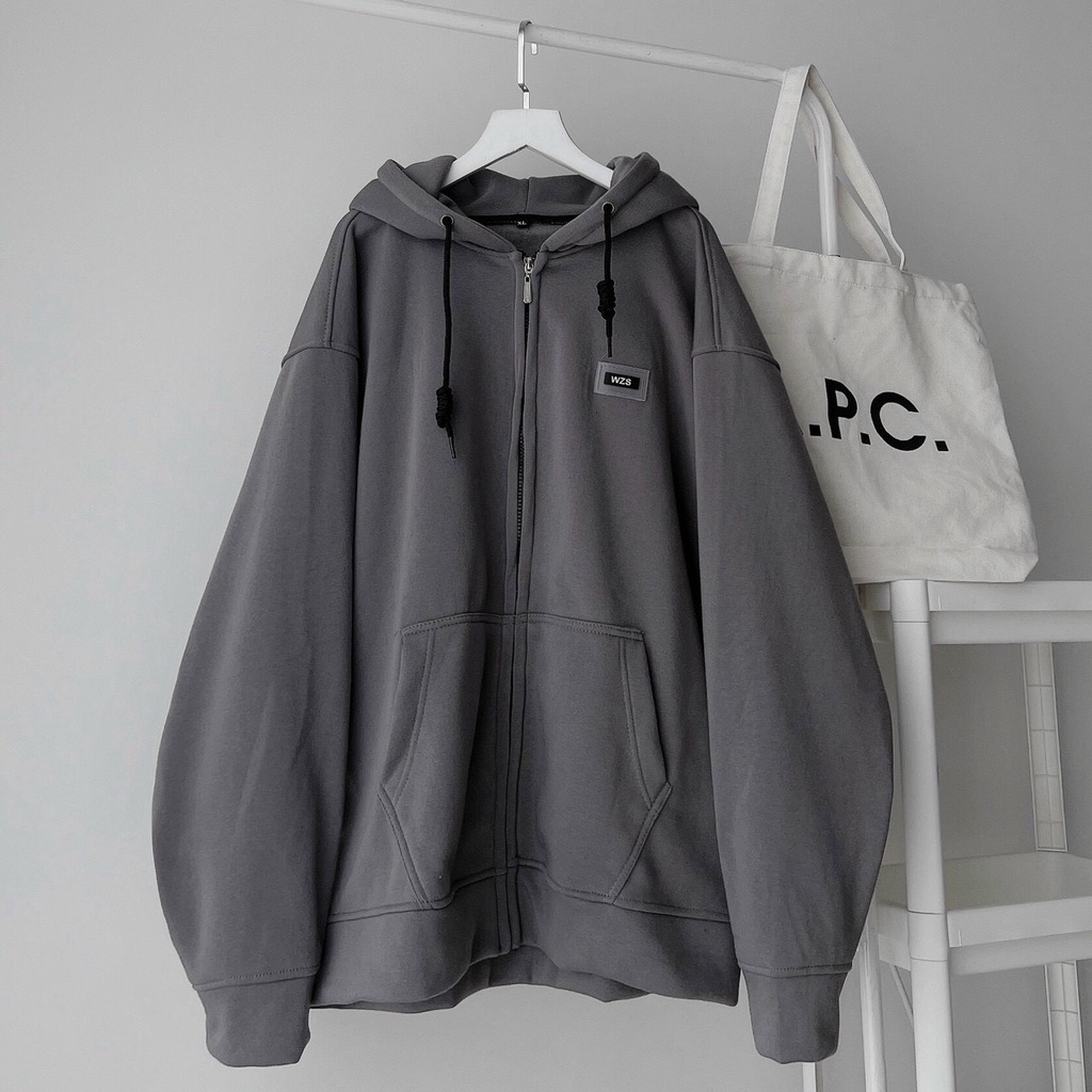 Áo khoác ngoài hoodie zip XÁM WZS TEM SU dây kéo vải nỉ lót bông form rộng