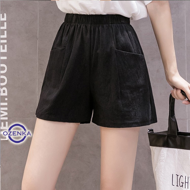 Quần short đùi nữ ống rộng mặc ở nhà OZENKA , quần cộc túi thật cạp chun chất đũi mềm mịn nhẹ mát giá rẻ màu đen trắng