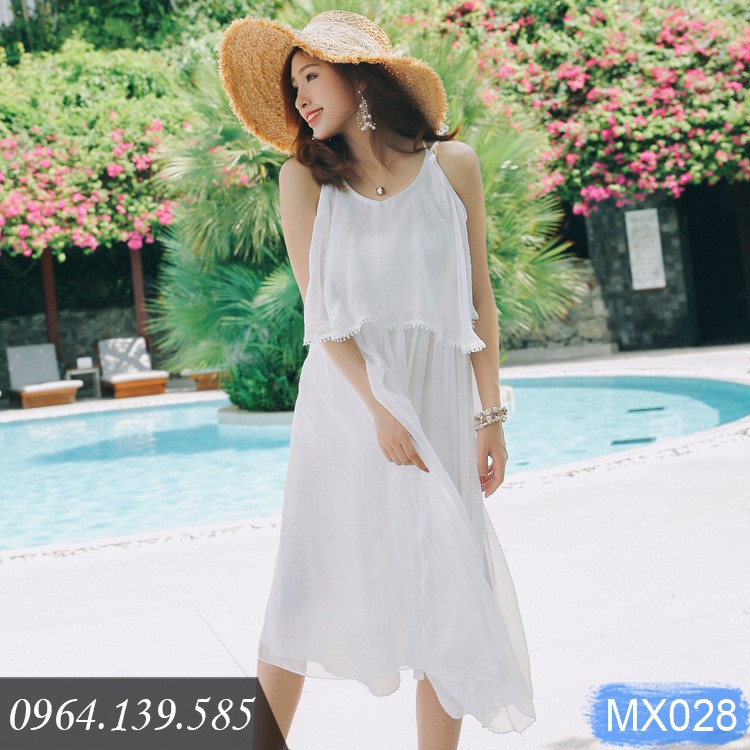 Đầm maxi dài trắng, dáng xòe, đẹp nhẹ nhàng, tinh khôi, lưng trần đan dây quyến rũ | MX028