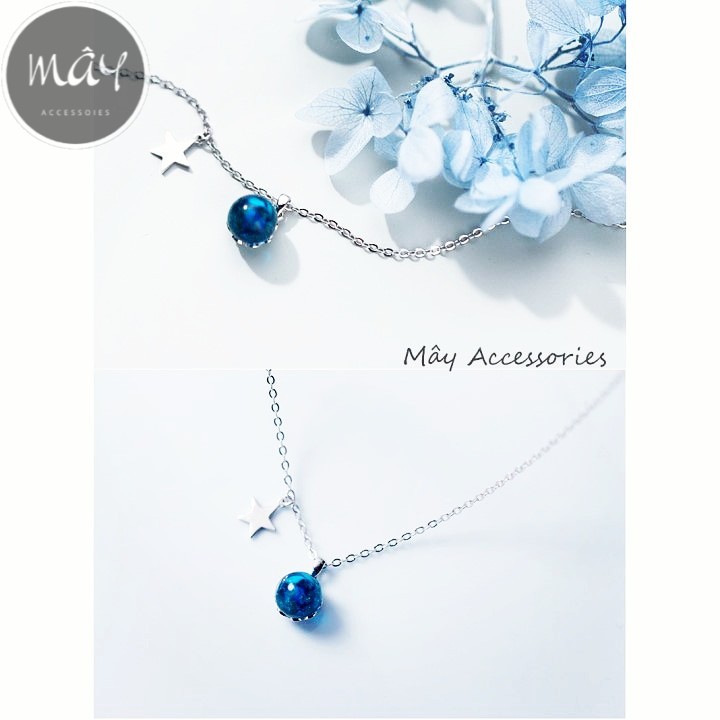 Vòng cổ bạc 925 cao cấp mặt dây chuyền viên đá pha lê xanh biển, ngôi sao Mây Jewelry