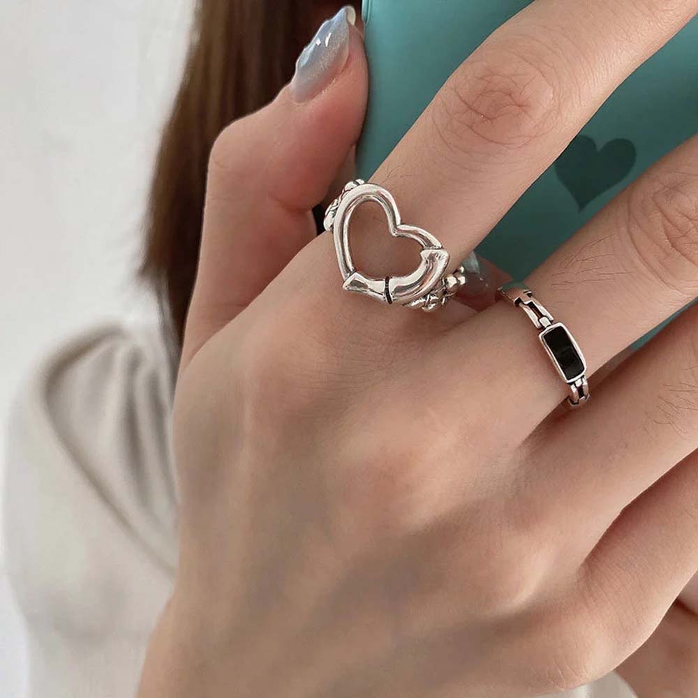 Nhẫn kim loại hình trái tim/đá đen phối dây xích phong cách Hàn Quốc thời trang cho nữ