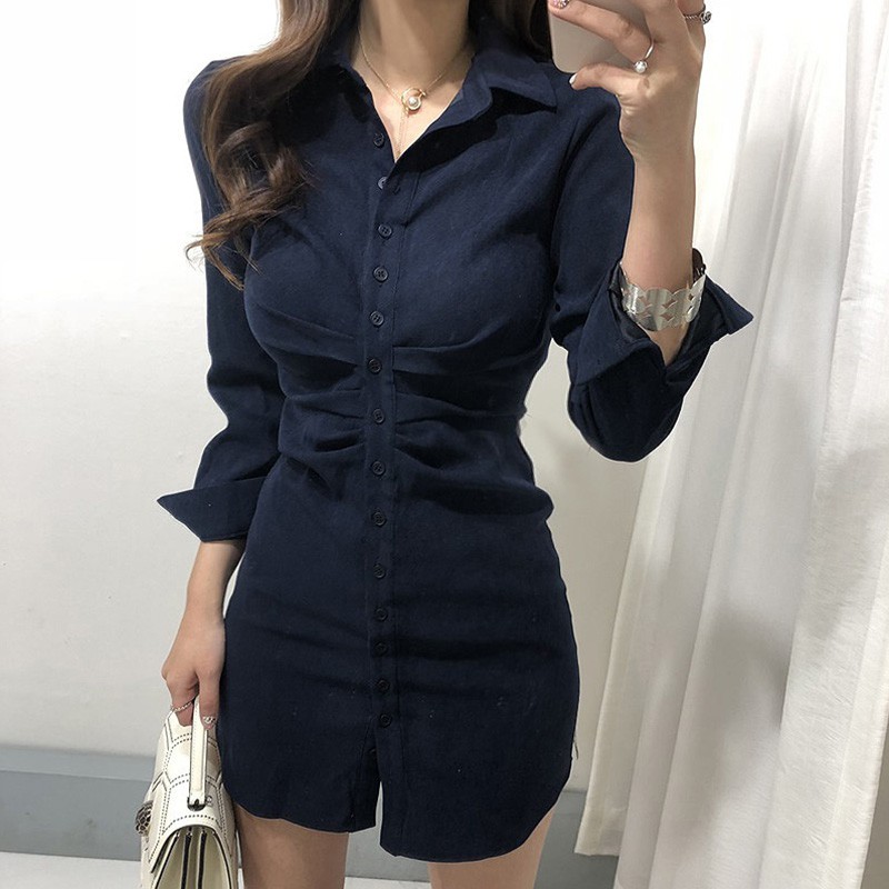 Váy sơ mi thiết kế độc lạ eo xếp ly ôm body dọc khuy Style Retro Korea sang chảnh
