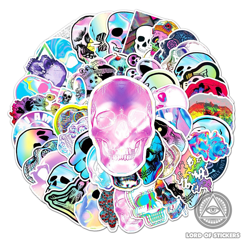 Set 50 Hình Dán Đầu Lâu Holographic Graffiti Sticker Cute Nhiều Màu Sắc Chống Thấm Nước Dán Mũ Bảo Hiểm, Laptop, Vali