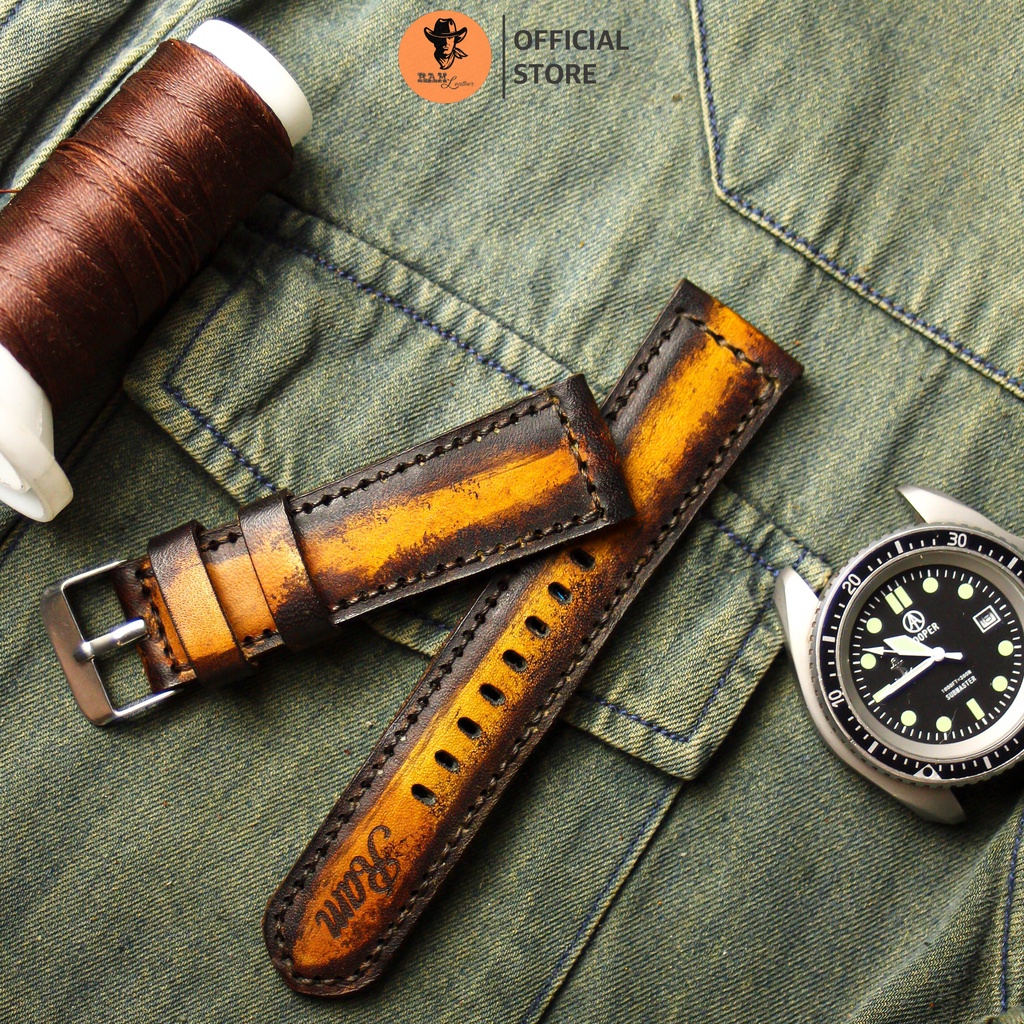 Dây Đồng Hồ Da Thật RAM Leather 1970 Da Bò Italia Vegtan Màu Socola Nền Vàng Bền Đẹp