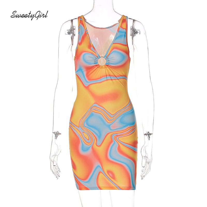 Đầm mini không tay cổ chữ V ôm dáng in họa tiết nhiều màu sắc thời trang cho nữ