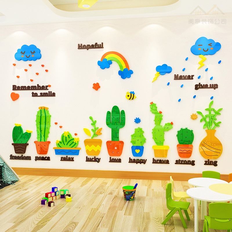 Tranh dán tường mica 3d decor Những cây xương rồng đáng yêu Trang trí nhà trẻ, cầu thang, phòng trẻ Nhiều Size - EPeBen