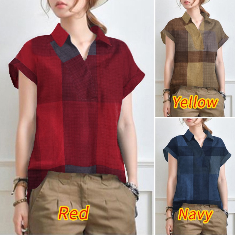 Áo sơ mi ZANZEA tay ngắn họa tiết ca rô thời trang cho nữ