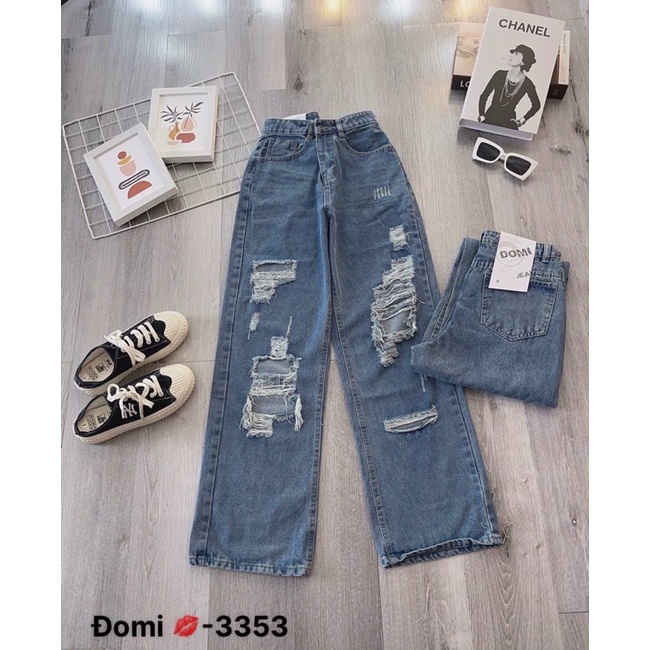 Quần Baggy Nữ Ống Rộng Rách Lưng Cao Size SML, Quần Baggy Jean Nữ Hàng VNXK Ms3353