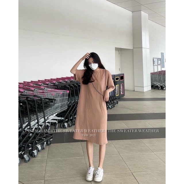 Váy dài  Đầm dáng suông màu đen trơn, thun tay lỡ bánh bèo cá tính Ulzzang