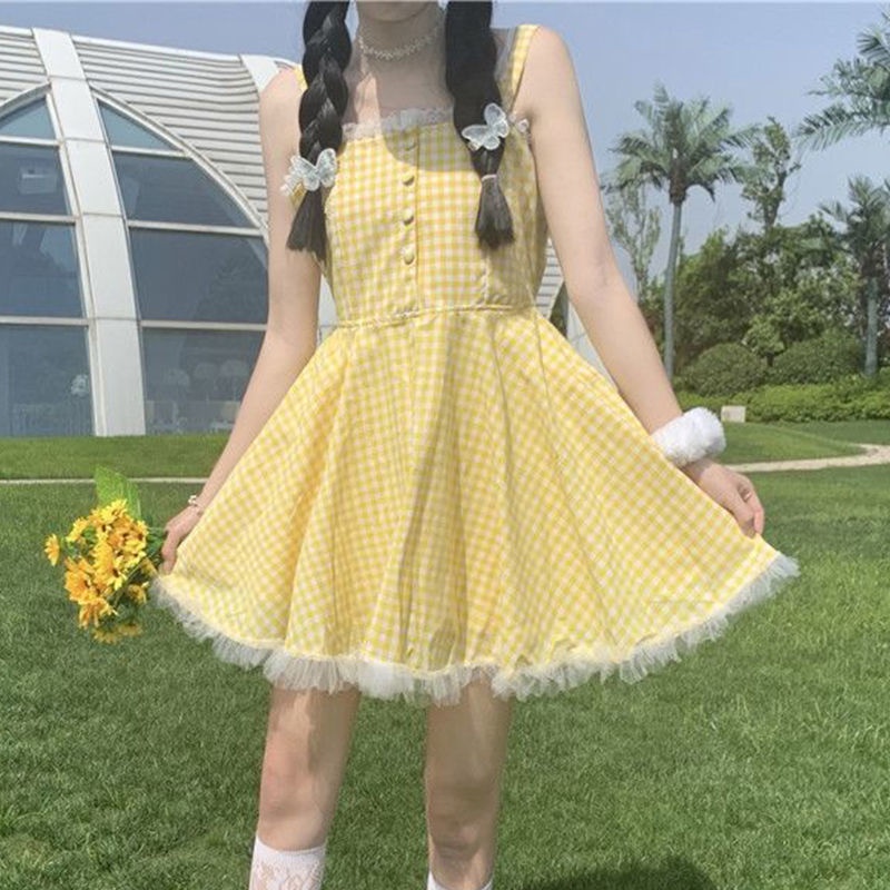 Đầm Hai Dây Lưng Cao Phối Ren Họa Tiết Sọc Caro Dễ Thương Cho Nữ