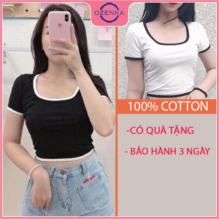 Áo croptop nữ cổ vuông, áo croptop ôm tay ngắn sexy thun gân 100% cotton OZENKA nhiều màu hàng đẹp