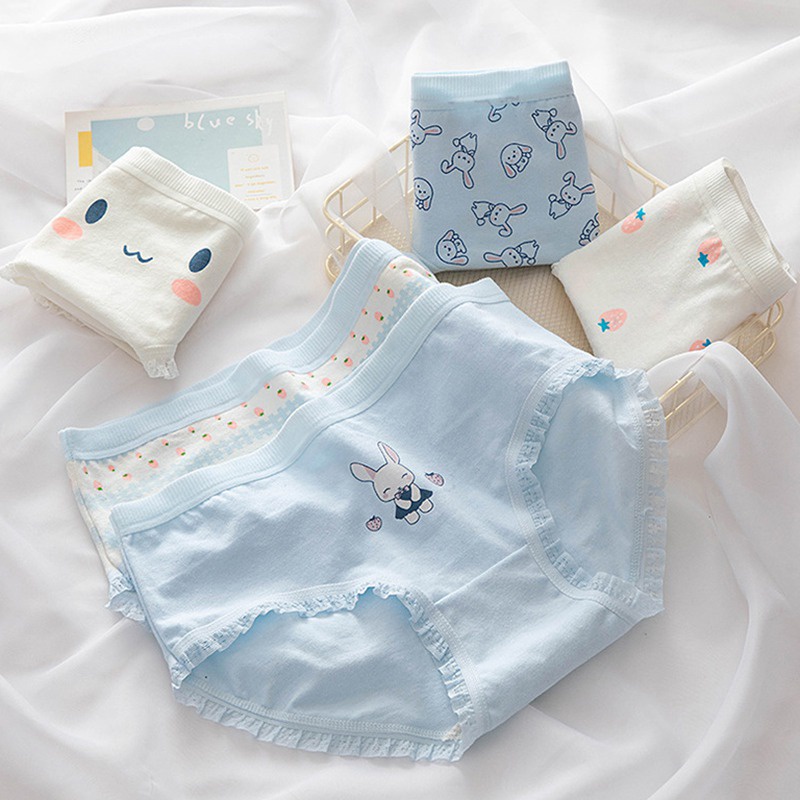 Quần Lót Cotton Lưng Vừa Họa Tiết Dâu Tây / Thỏ Dễ Thương Phong Cách Nhật Bản Cho Nữ