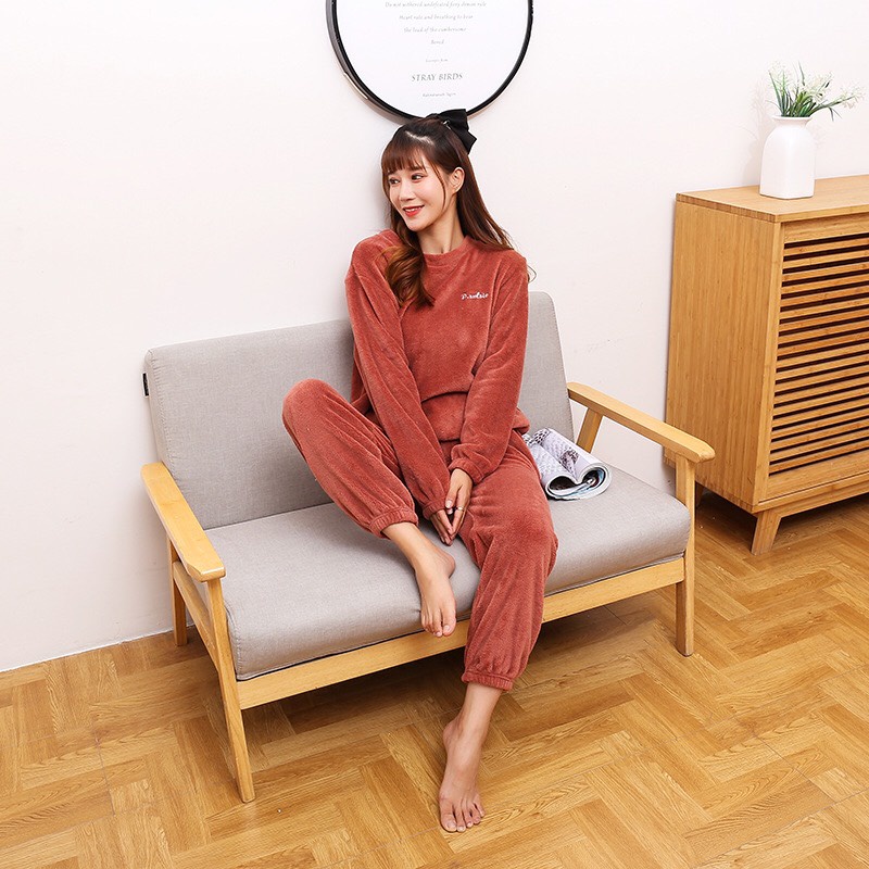 Bộ Nỉ Lông Thêu Chữ D.Studio Mặc Ở Nhà Dài Tay Siêu Ấm Hàng Quảng Châu, Bộ Đồ Ngủ Nữ