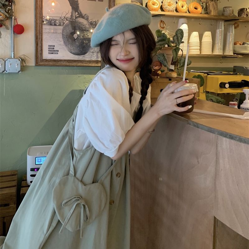 Bộ Áo Tay Phồng + Đầm Yếm Màu Trơn Thời Trang Mùa Hè Hàn Quốc Dành Cho Nữ