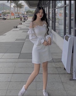 🌟Đầm Trắng Rớt Vai Tay Bo( Có Đệm Ngực)