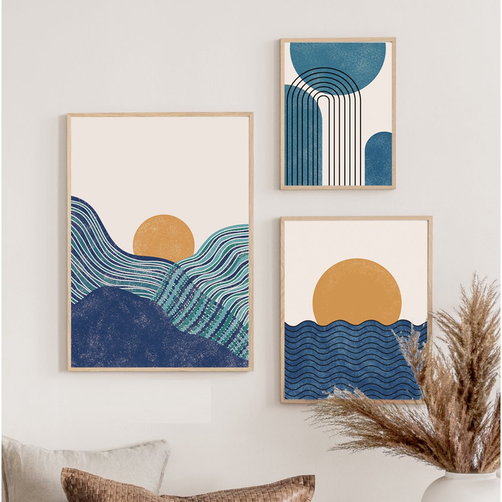 Set 3 tranh canvas trang trí treo tường khung vân gỗ, tặng kèm đinh treo