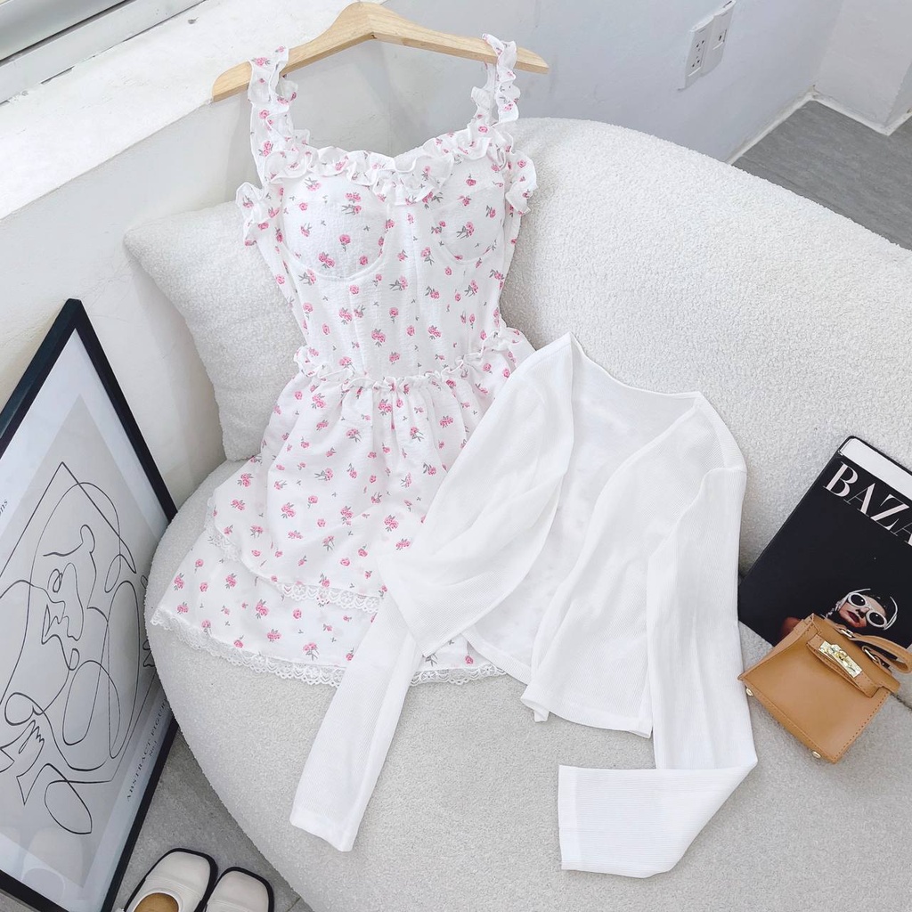 SET ĐẦM 2S HOA VIỀN BÈO NGỰC KÈM KHOÁC CROP TRẮNG
