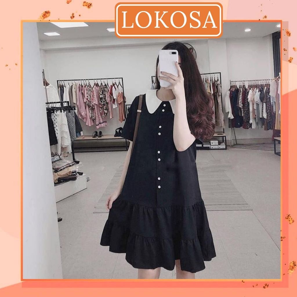 Váy Bầu Dự Tiệc LOKOSA Đầm công sở Babydoll Cổ Sơ Mi Thiết Kế dáng dài Suông Sang Trọng Trẻ Trung VD031