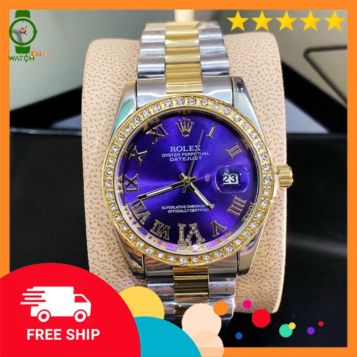 Đồng hồ nam Rolex size 38mm viền đá, mặt số la mã đính đá, dây đúc hợp kim không gỉ, không phai màu - Bảo hành 12 tháng