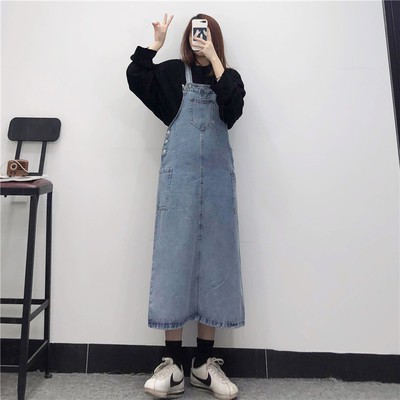 Mùa thu và mùa đông ins VINTAGE DENIM yếm váy nữ hoang dã sinh viên lỏng lẻo qua đầu gối Dài váy liền Mẫu Mới Xuân Thu