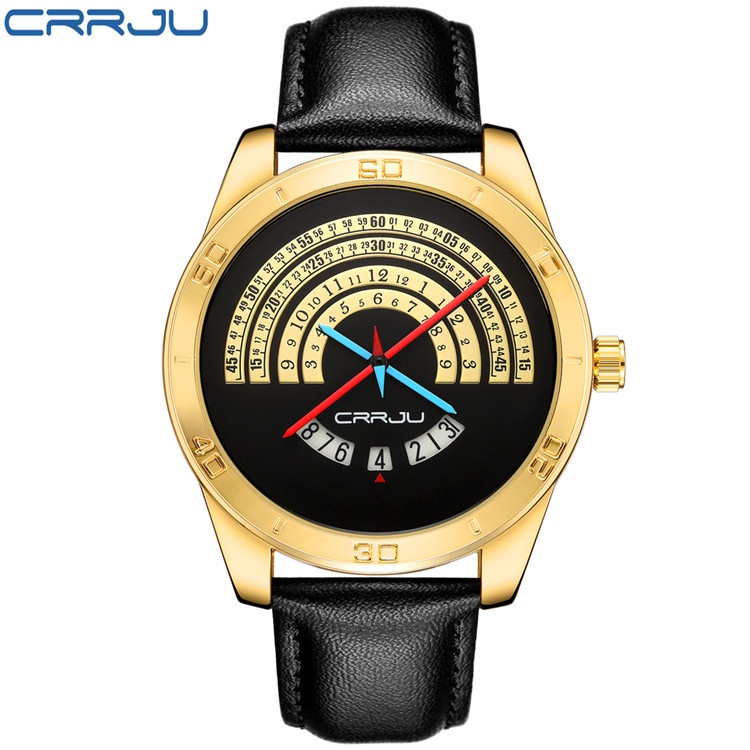 Đồng Hồ Quartz CRRJU Chống Thấm Nước Với Dây Đeo Da 2140