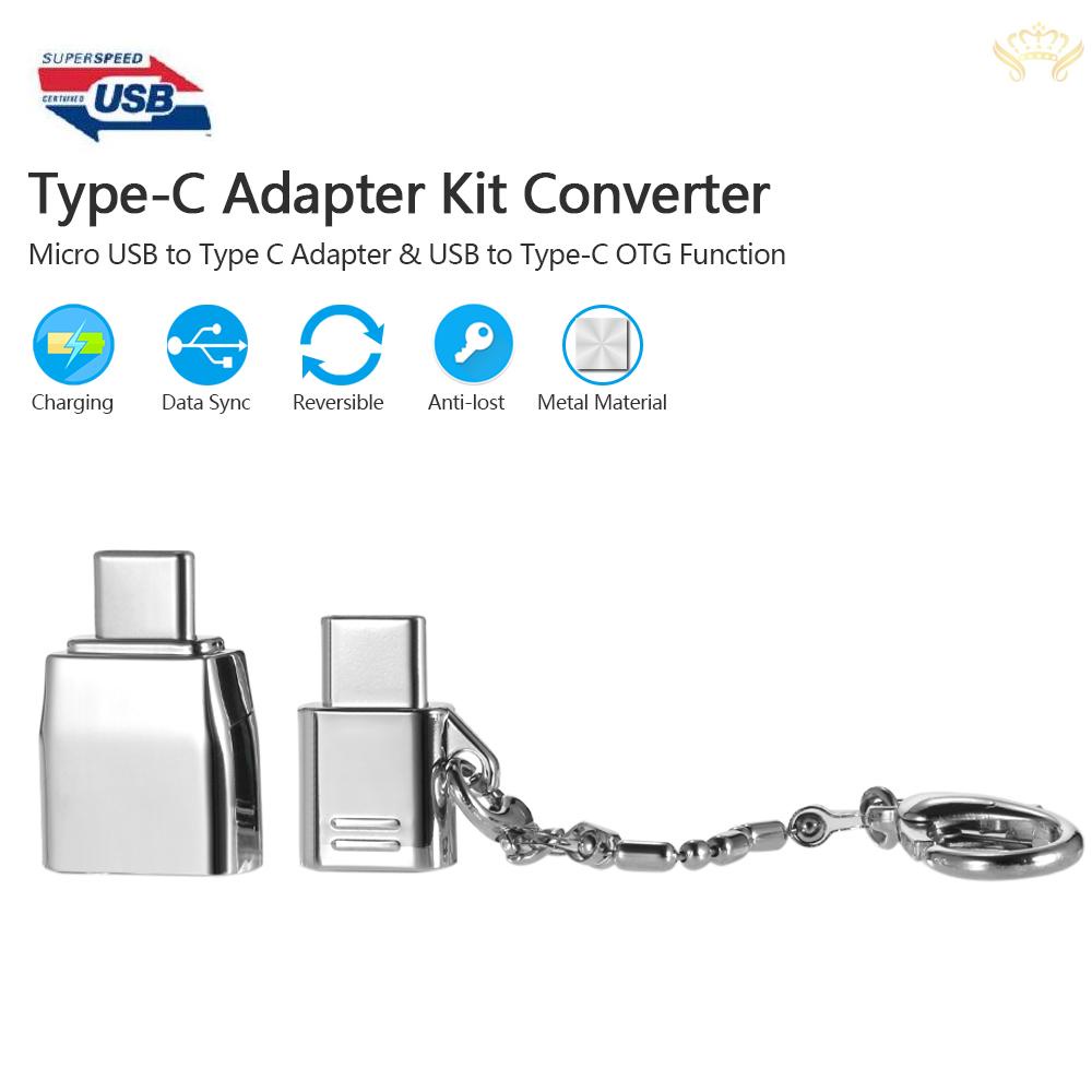 New  Type-C Adapter Kit Converter Micro USB to Type C Adapter & USB to Type-C with OTG Function Metal Material Anti-lost Ring for Macbook Xiaomi 