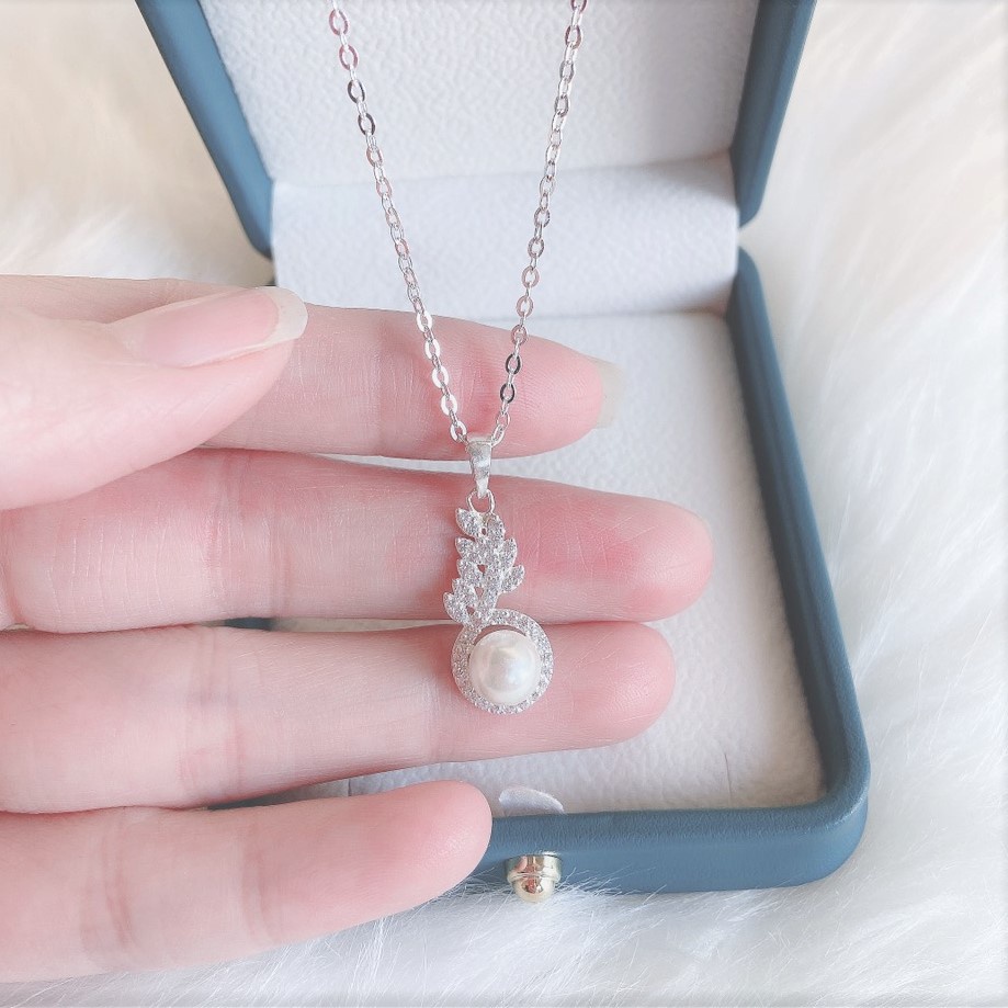 Dây chuyền bạc hình lá nguyệt quế đính hạt trai, Vòng cổ chất liệu bạc ta - Trang sức bạc Evasilver