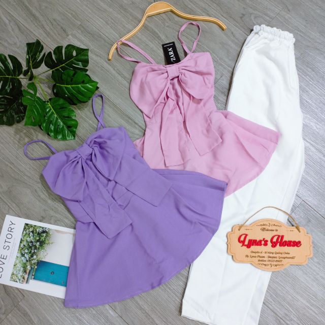 Set Áo 2 Dây Màu Hồng Phối Nơ Ngực Và Quần Trắng Siêu Hot LH83
