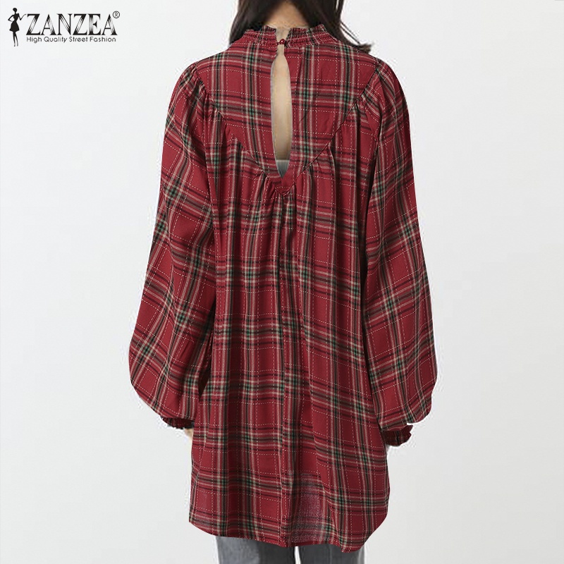 Áo sơ mi Zanzea tay dài dáng rộng cài nút họa tiết kẻ ô dành cho nữ
