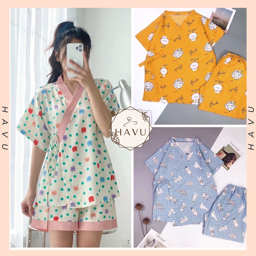 Bộ kimono cộc tay nhiều họa tiết nữ, set đồ ngủ pijama quần short kèm áo thun ngắn buộc dây kate đẹp Ulzzang HOT