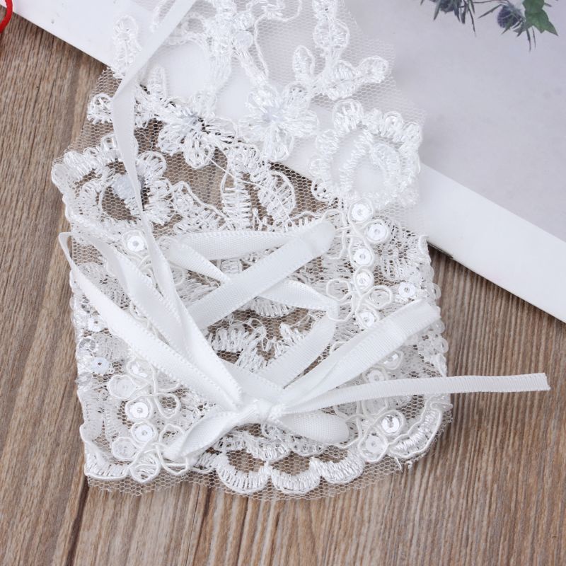 Găng Tay Cô Dâu Hở Ngón Thêu Hoa Phối Ren Rỗng Màu Trắng