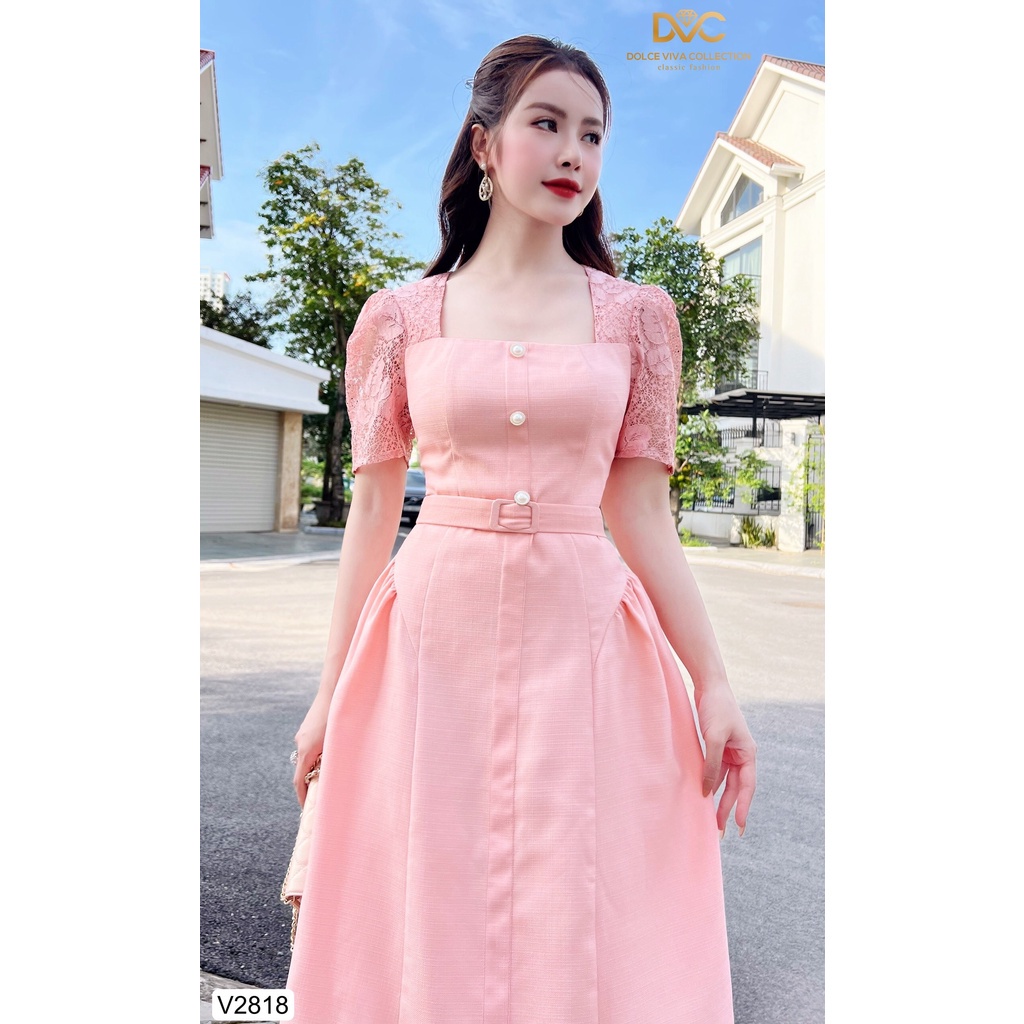 Đầm dự tiệc thiết kế cao cấp linen hồng cổ vuông phối ren V2818 - DVC, váy đi ăn cưới cho giới trẻ
