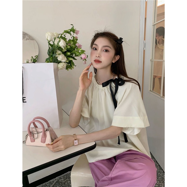 Áo Kiểu Tay Ngắn Phối Dây Cột Thời Trang Trẻ Trung