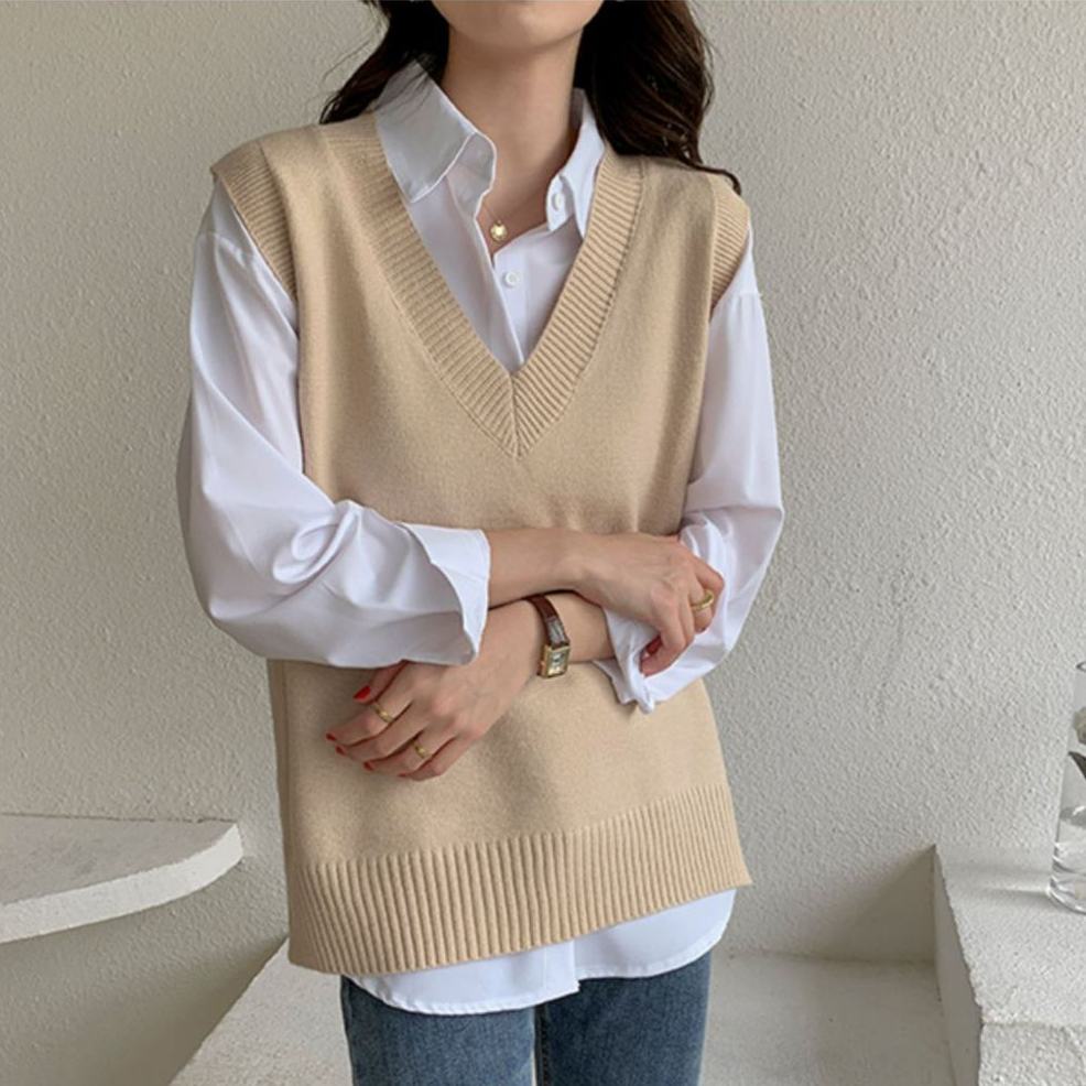 Áo Sweater Không Tay Cổ Chữ V Màu Sắc Đơn Giản Thời Trang Xuân Thu Cho Nữ