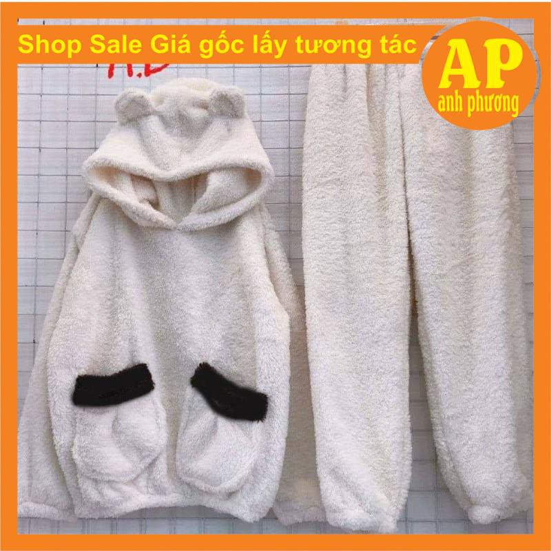 bộ lông gấu túi đen có ảnh thật sp❤️chất lông mềm mịn🌸Đồ ngủ mùa đông lông cừu❤️lót lông❤️form thụng nam nữ❤️mặc đôi | BigBuy360 - bigbuy360.vn