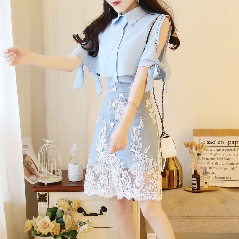 Set Áo Sơ Mi Và Chân Váy Jeans Xinh Xắn Dành Cho Nữ