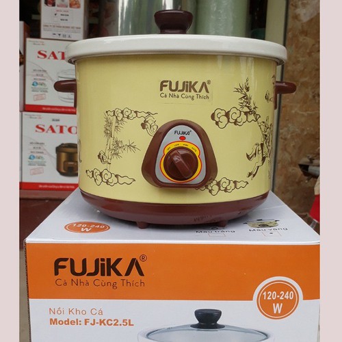 Nồi Kho Thịt Cá, Hầm chậm ,Nấu Cháo -nhừ nhuyễn -Fujika - dung tích 2.5L nắp kính, lòng Sứ trắng - bảo hành 1 năm